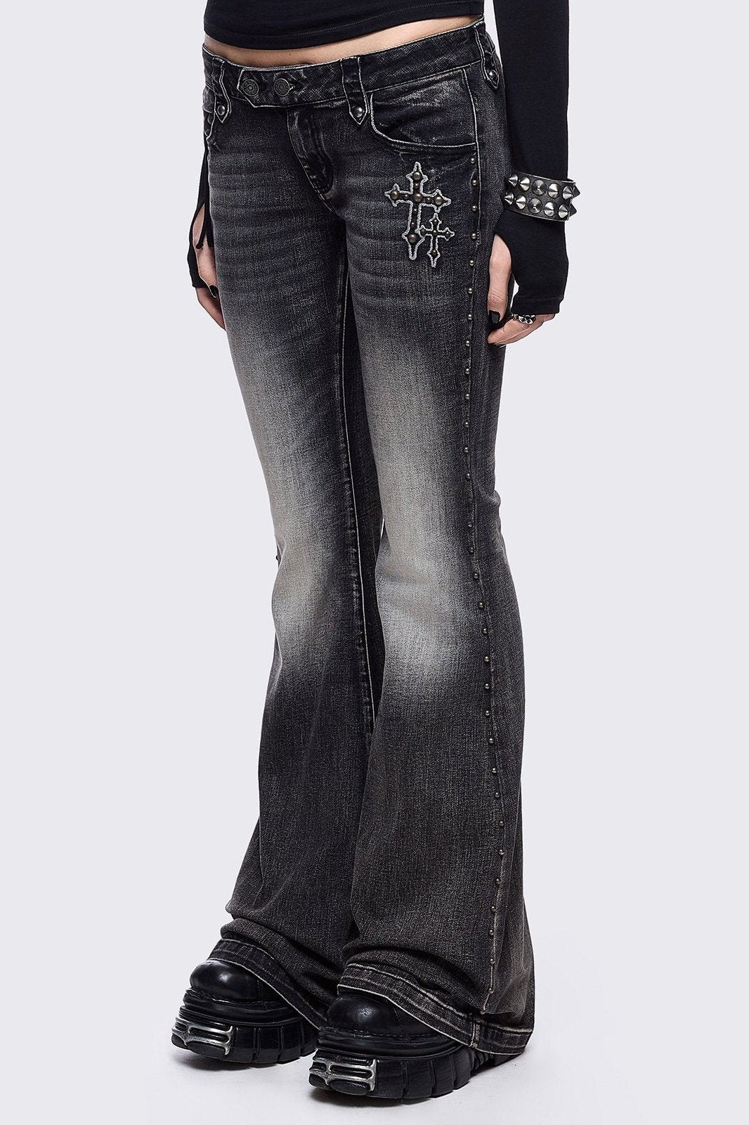 Black Flared Jeans with Back Embroidered Wings | Minga London