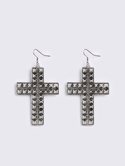 Silver dangle earrings featuring a studded cross design pendants