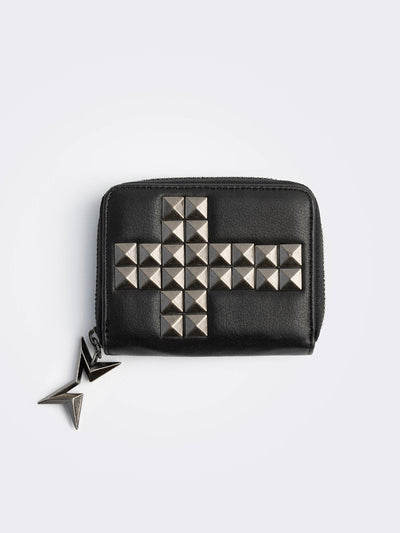 Black faux leather wallet with studded cross design.
