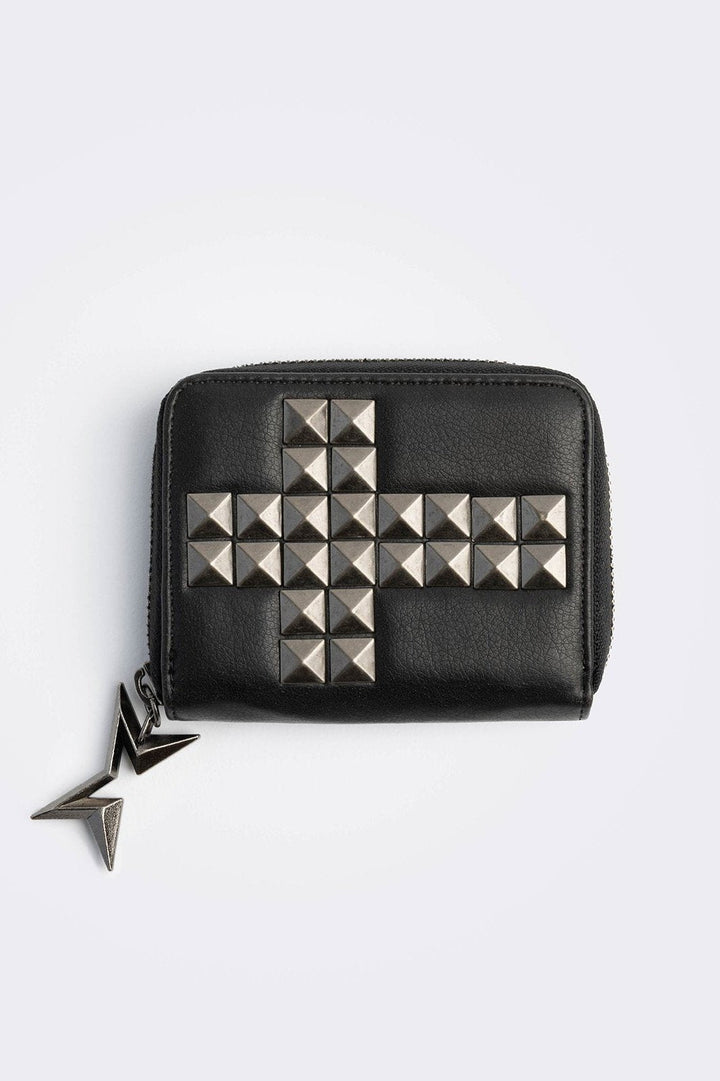 Faux Leather Black Wallet with Studded Cross | Minga London