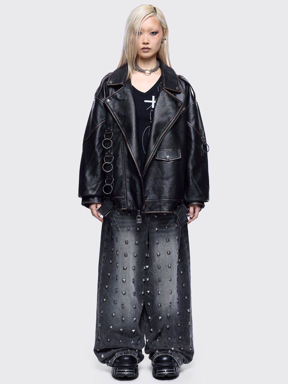 Black washed faux leather biker jacket with metal hardware details