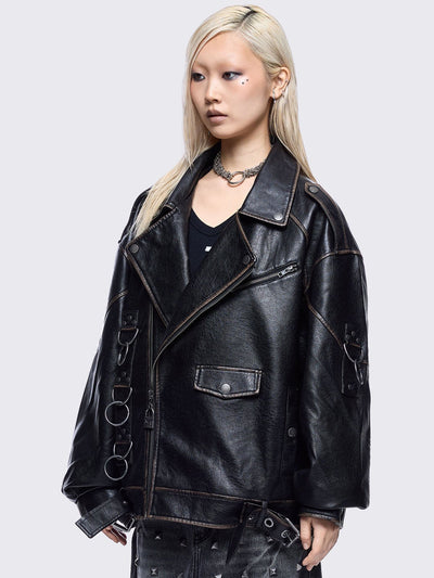 Black washed faux leather biker jacket with metal hardware details