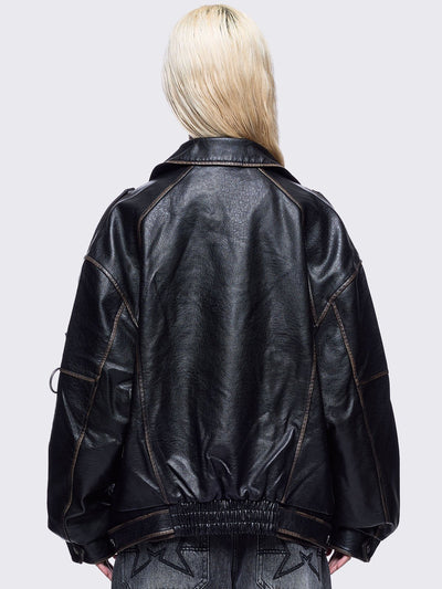Black washed faux leather biker jacket with metal hardware details