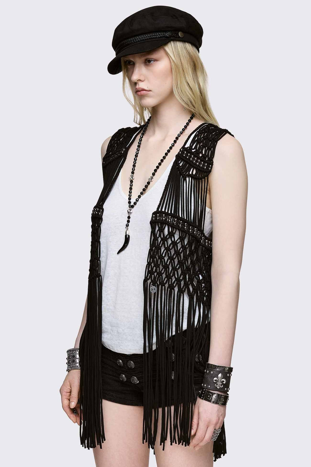 Black Macramé Fringe Vest | Minga London