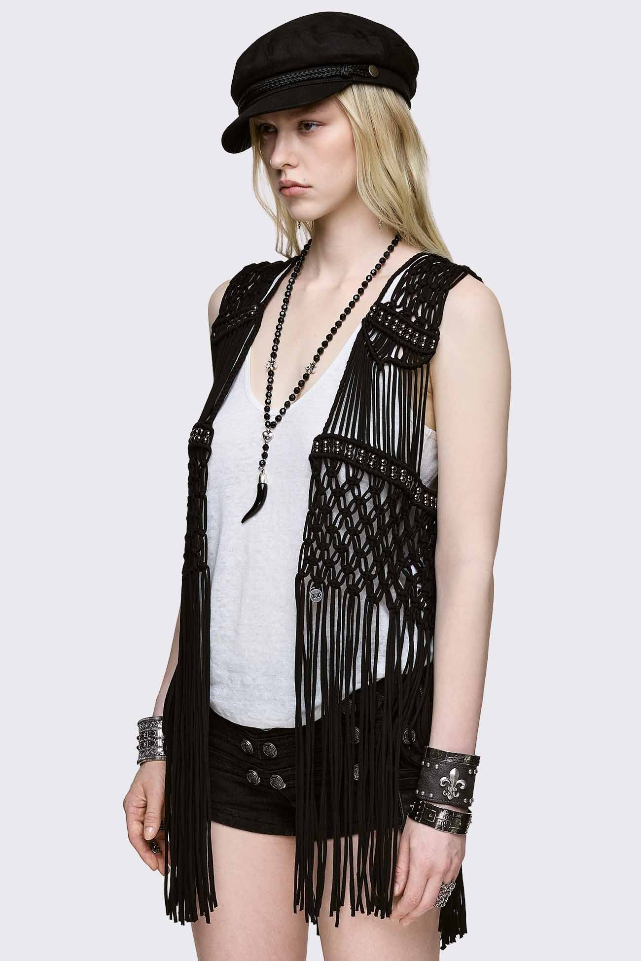 Black Macramé Fringe Vest | Minga London