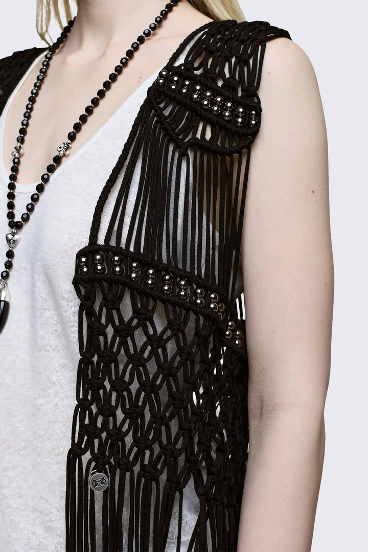 Black Macramé Fringe Vest | Minga London