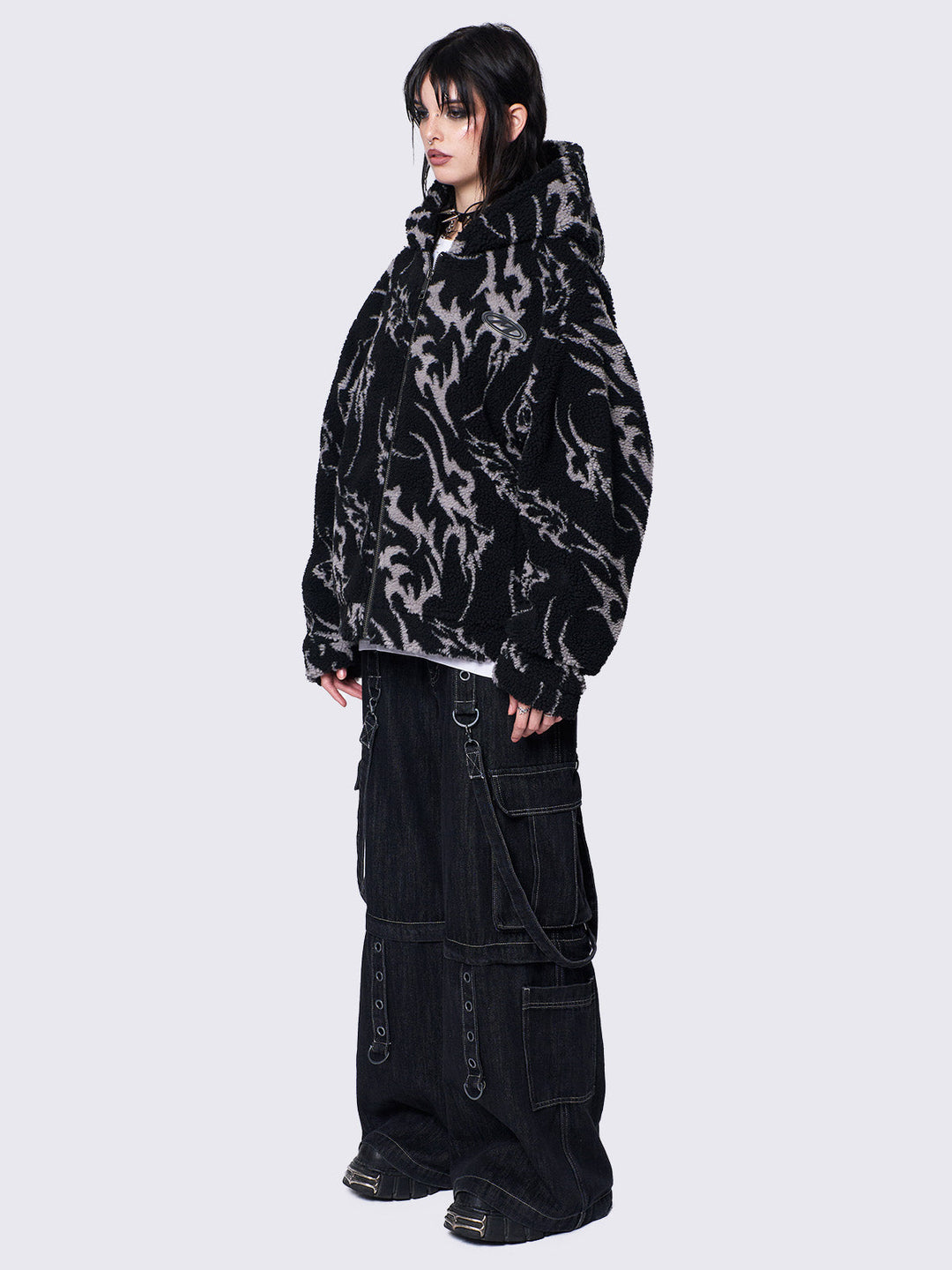 ジャケット・アウター YengYeng Cyber Sigilism Borg Fleece Oversized Zip Up Hoodie Jacket in Black