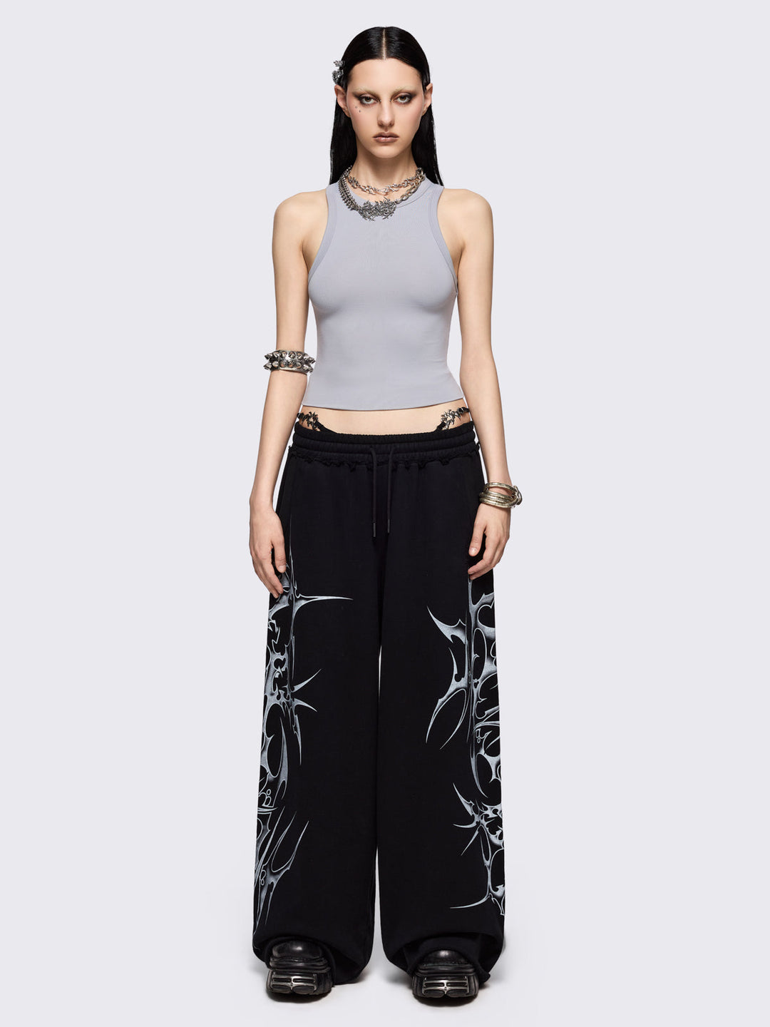 Black Wide Leg Sweatpants with Sigilism Tribal Print | Minga