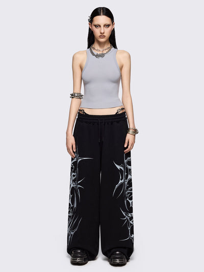 Black wide leg sweatpants with off-white sigilism graphic side print.