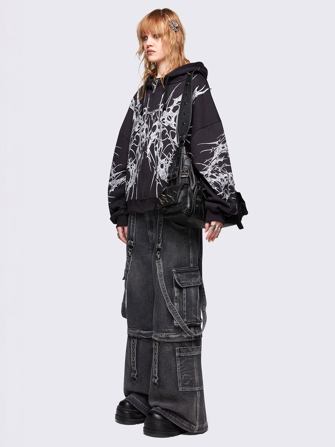 【INSILENCE】 Cozy Soft Hood Zip-Up- Knit BLACK Black Zip Up Hoodie with Sigilism Print | Minga London