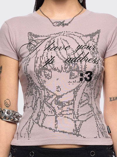 Pink baby tee with "I have your IP address" embroidery and anime girl ASCII-style graphic print.