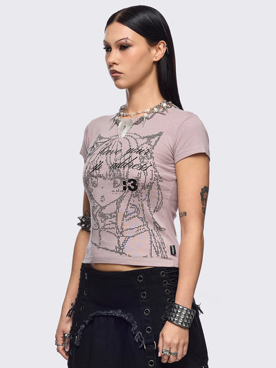 Pink baby tee with "I have your IP address" embroidery and anime girl ASCII-style graphic print.