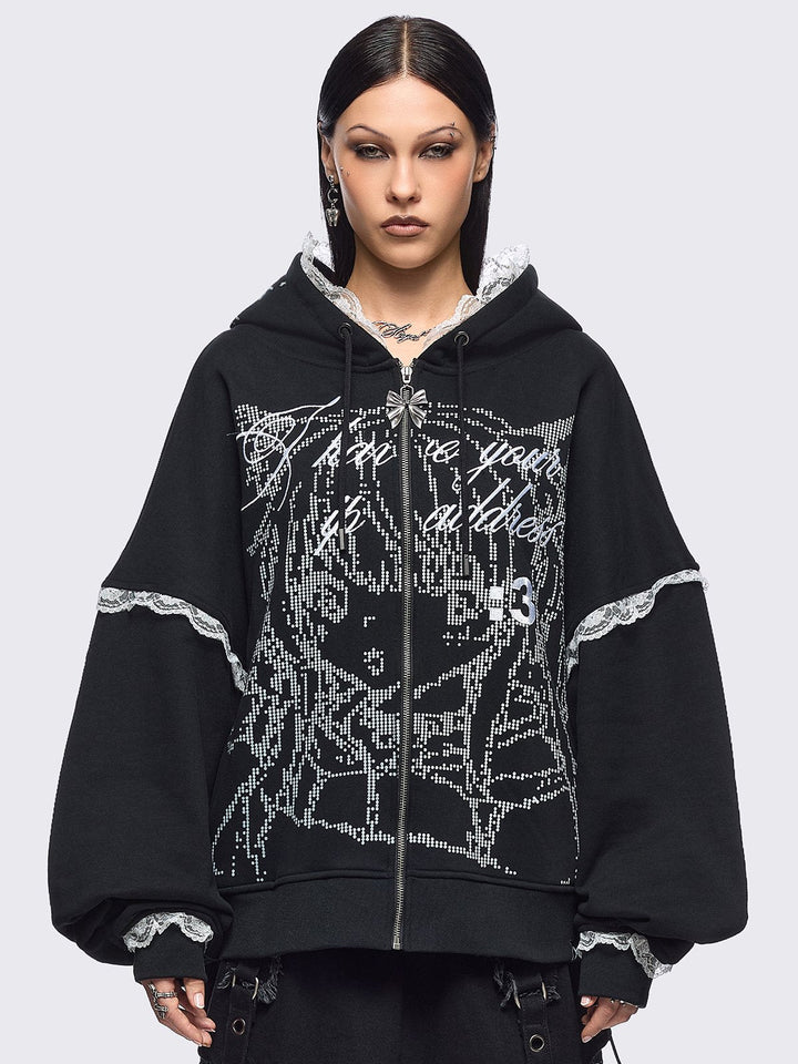 Anime Girl ASCII Graphic Zip Up Hoodie in Black | Minga London