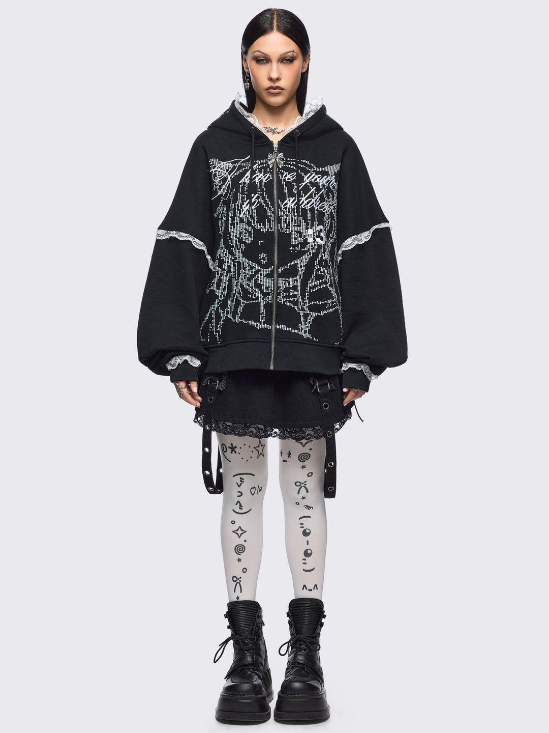 Anime Girl ASCII Graphic Zip Up Hoodie in Black | Minga London