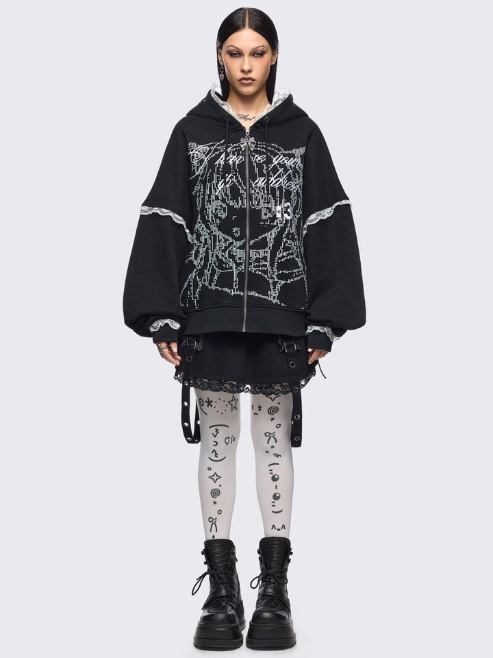 Anime Girl ASCII Graphic Zip Up Hoodie in Black | Minga London