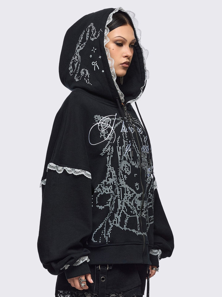 Anime Girl ASCII Graphic Zip Up Hoodie in Black | Minga London