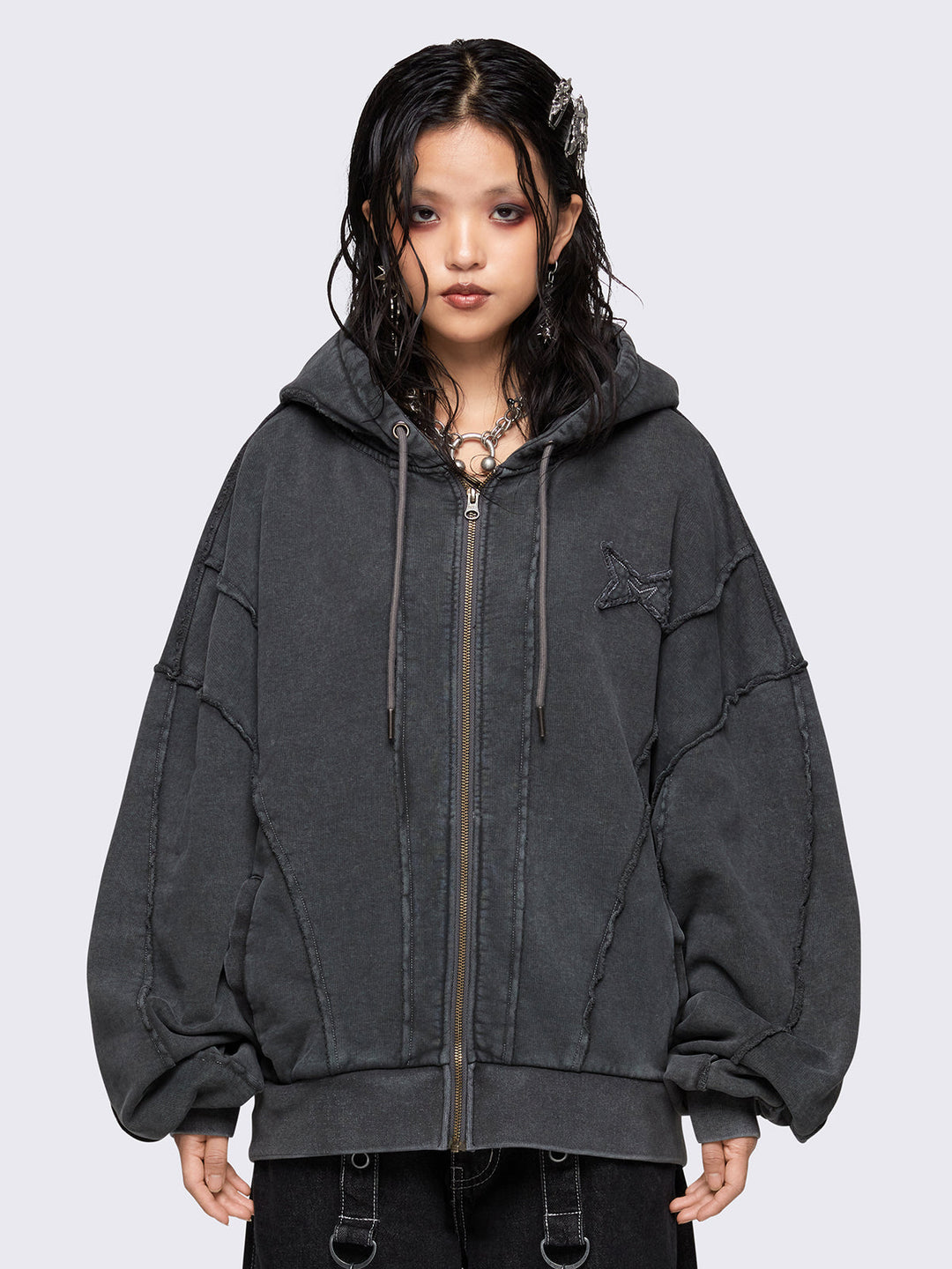 Oversized Zip Up Hoodie in Washed Grey | Minga London