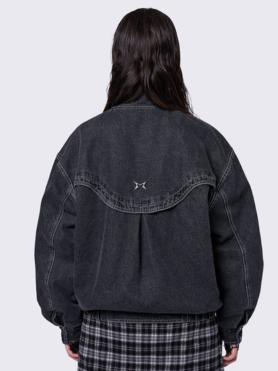 Black washed denim bomber jacket with minga logo metal detail featuring a boxy oversized fit and high crossover collar neck.