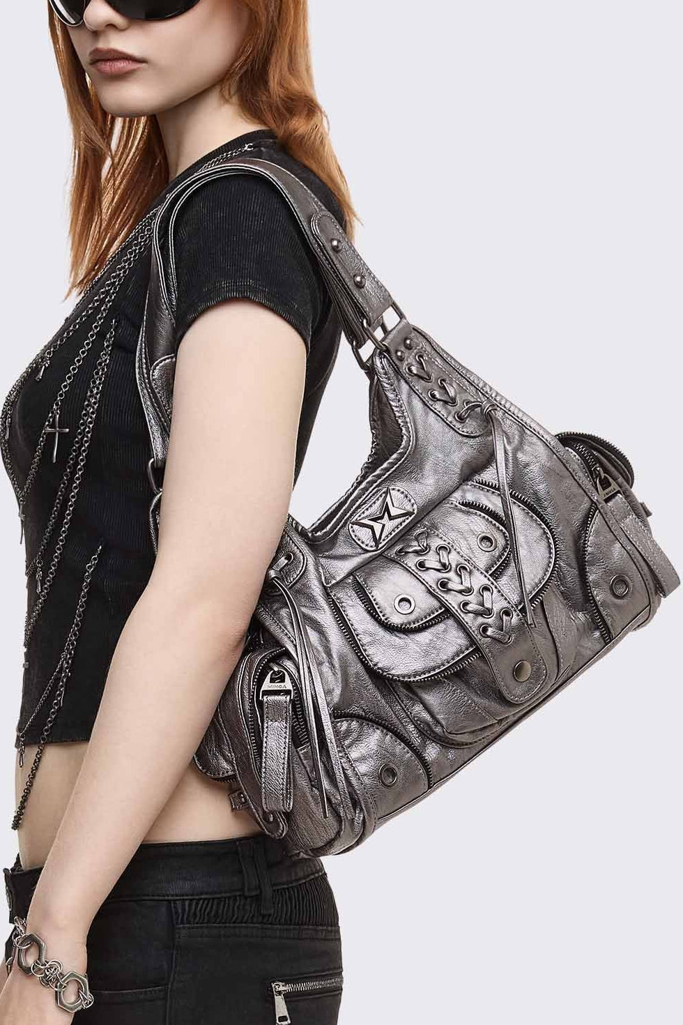Silver Shoulder Bag with Lace-Up Pockets | Minga London