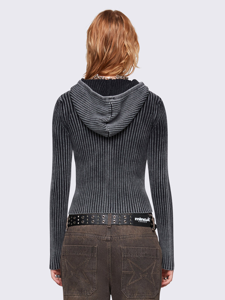 さらに100円引き◆MMLG◆MM KNIT HOOD ZIPUP Chunky Ribbed Knit Zip Up Hoodie Cardigan in Grey | Minga