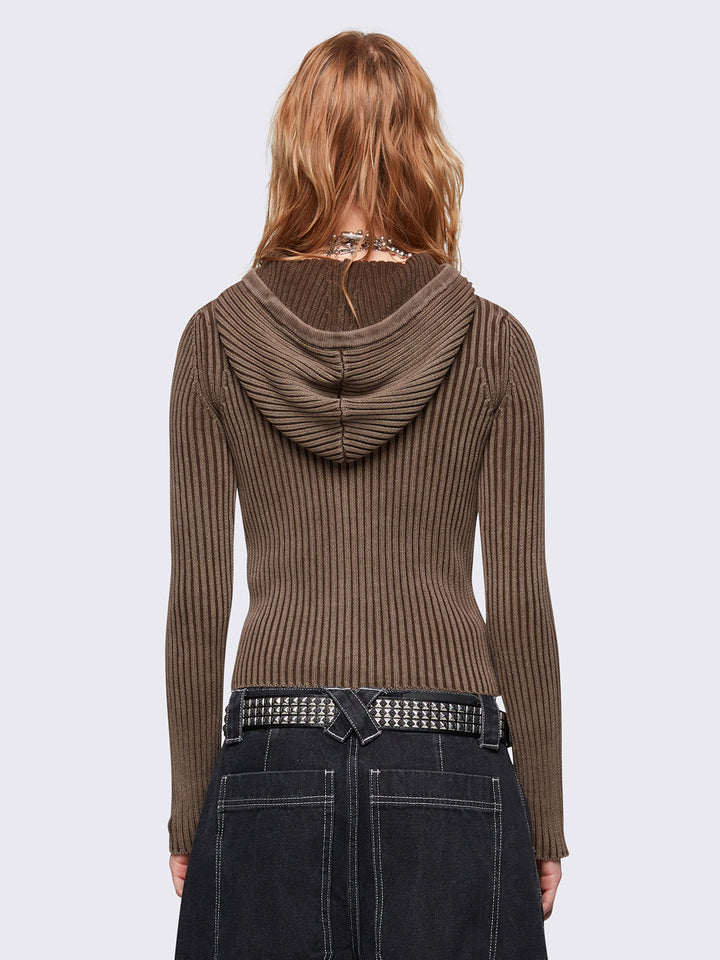 トップス CAPPUCCIO HODDED CARDIGAN M size Oversized Beige Cable Knit Zip-Up Hoodie - Grunge & Retro