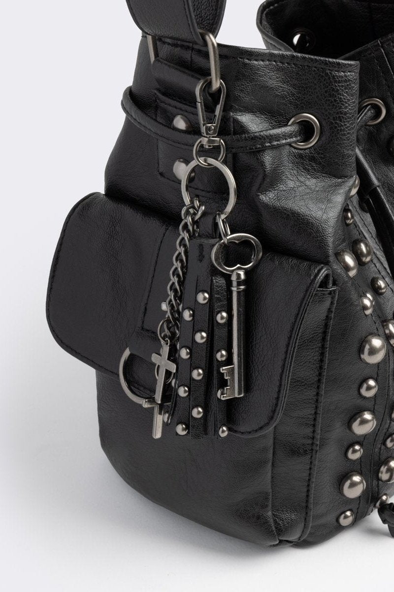 Black Vegan Leather Studded Bucket Bag | Minga London display picture 3