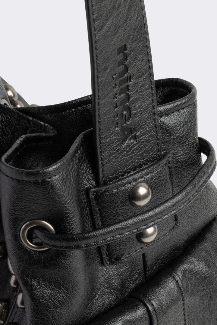 Black Vegan Leather Studded Bucket Bag | Minga London