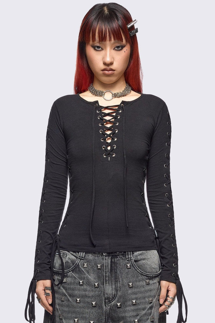 トップス BPN lace up long sleeve top Black Lace-Up Long Sleeve Top | Minga London