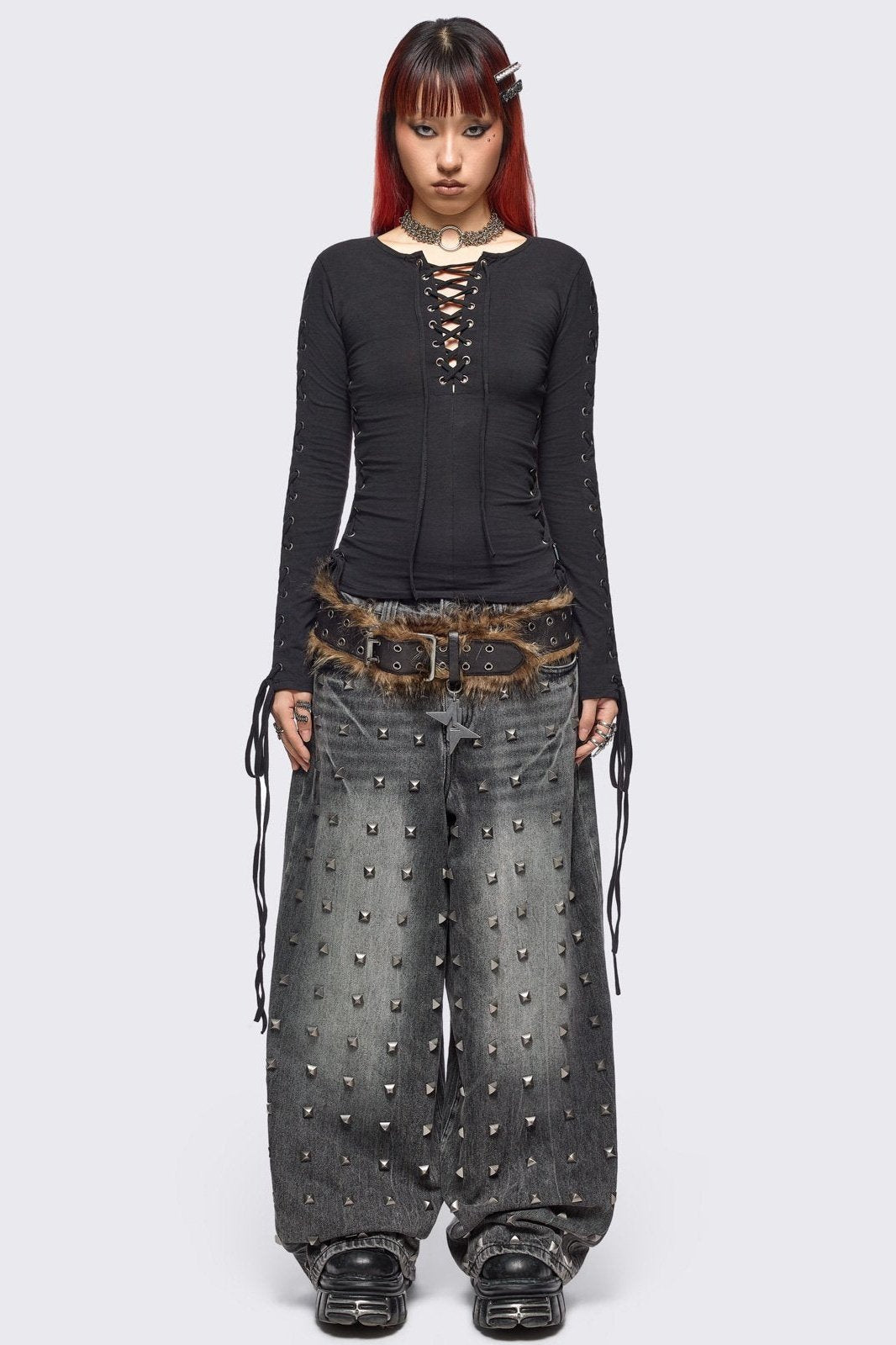 Black Lace-Up Long Sleeve Top | Minga London