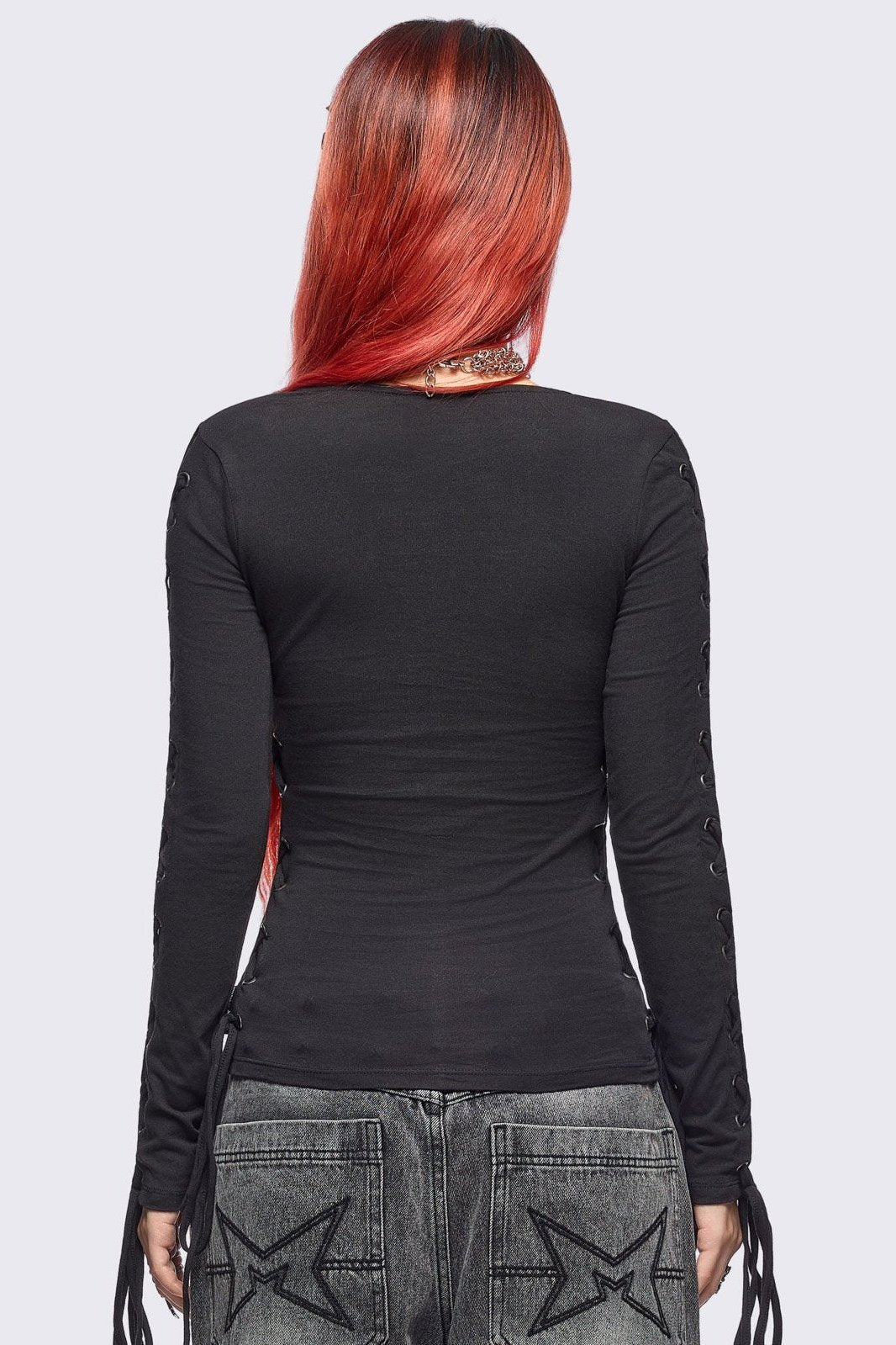 Black Lace-Up Long Sleeve Top | Minga London