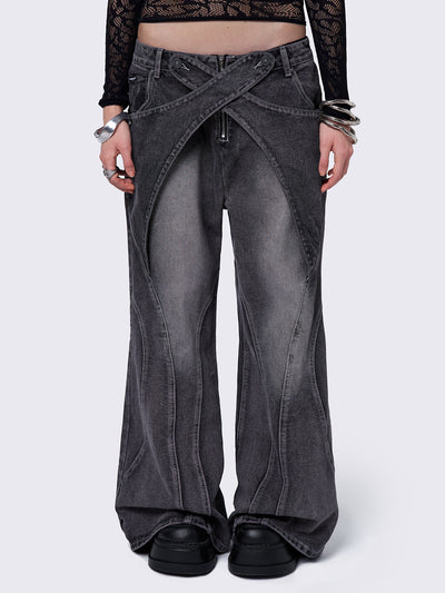 Black washed baggy jeans with grey overdye and cross panels and seams details. 