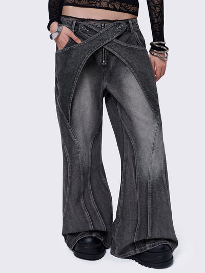 Black washed baggy jeans with grey overdye and cross panels and seams details. 