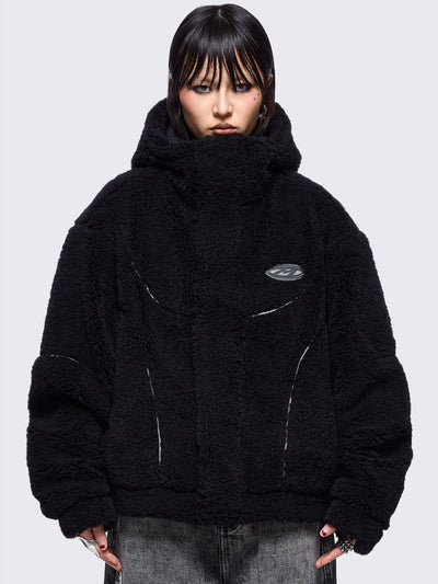 Black fleece hoodie jacket featuring grey piping and high neck hood.