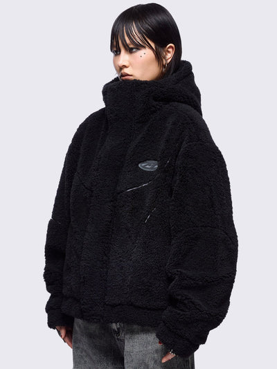 Black fleece hoodie jacket featuring grey piping and high neck hood.