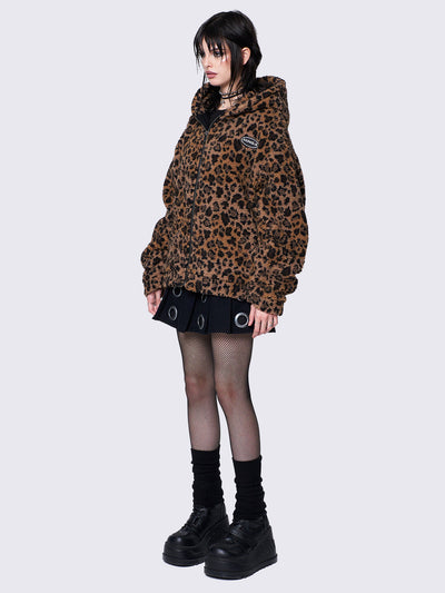 Leopard print borg fleece jacket with zip-up front, hood, and oversized fit. Ideal for indie sleaze and Y2K-inspired streetwear.