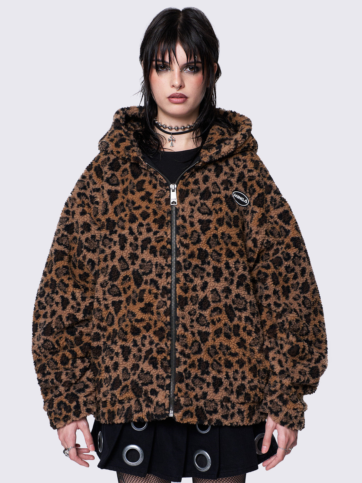 Leopard print borg fleece jacket with zip-up front, hood, and oversized fit. Ideal for indie sleaze and Y2K-inspired streetwear.