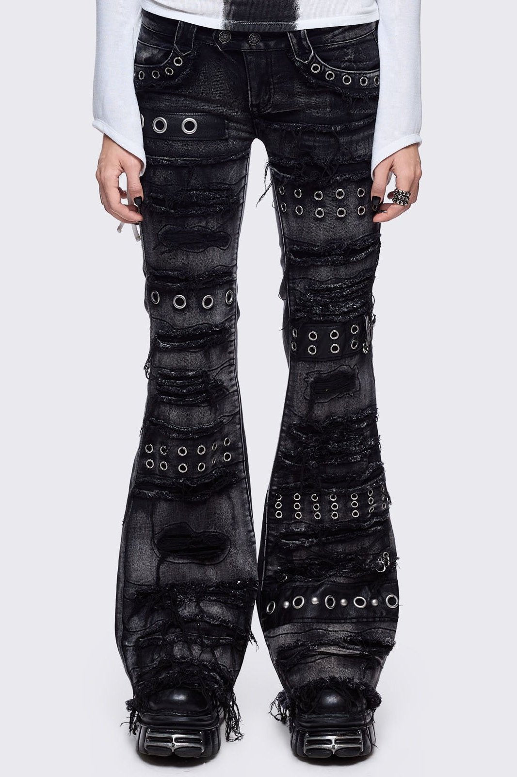 Flared Distressed Jeans with Shredded, Eyelets and Studs | Minga