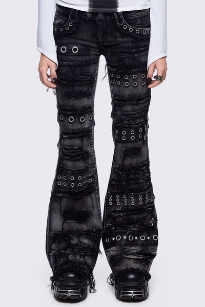 Flared Distressed Jeans with Shredded, Eyelets and Studs | Minga