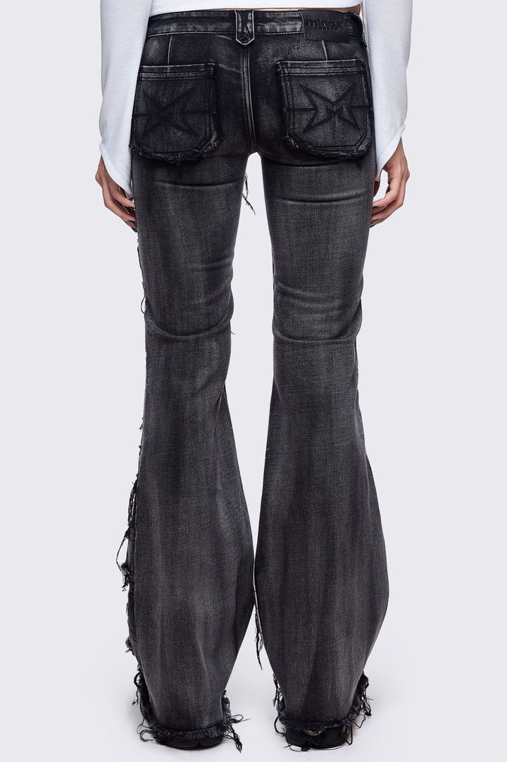 Flared Distressed Jeans with Shredded, Eyelets and Studs | Minga