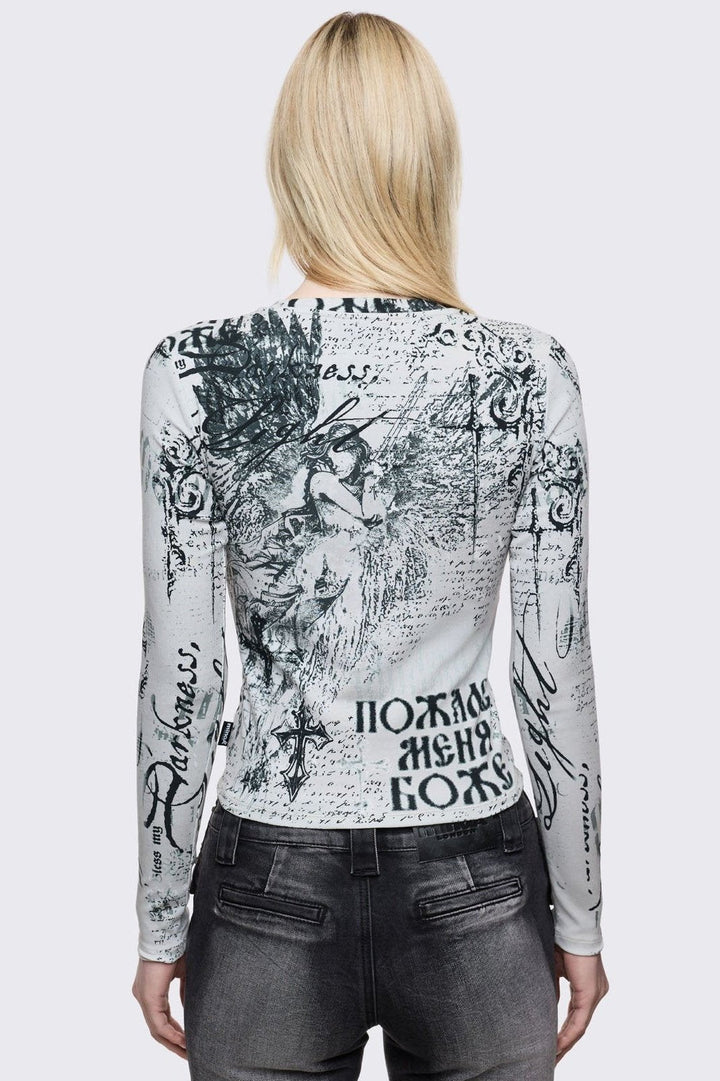 Long Sleeve Grunge Graphic Top in Off-White | Minga London