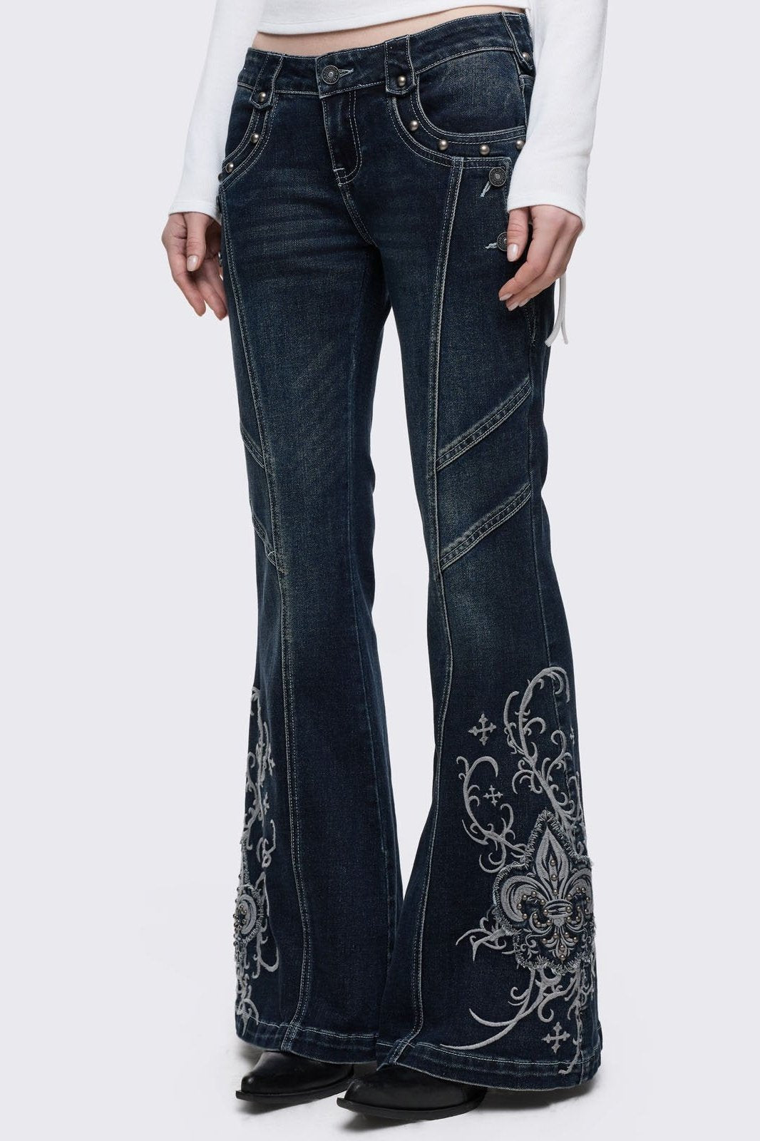 Dark Blue Wash Gothic Embroidered Flared Jeans | Minga London