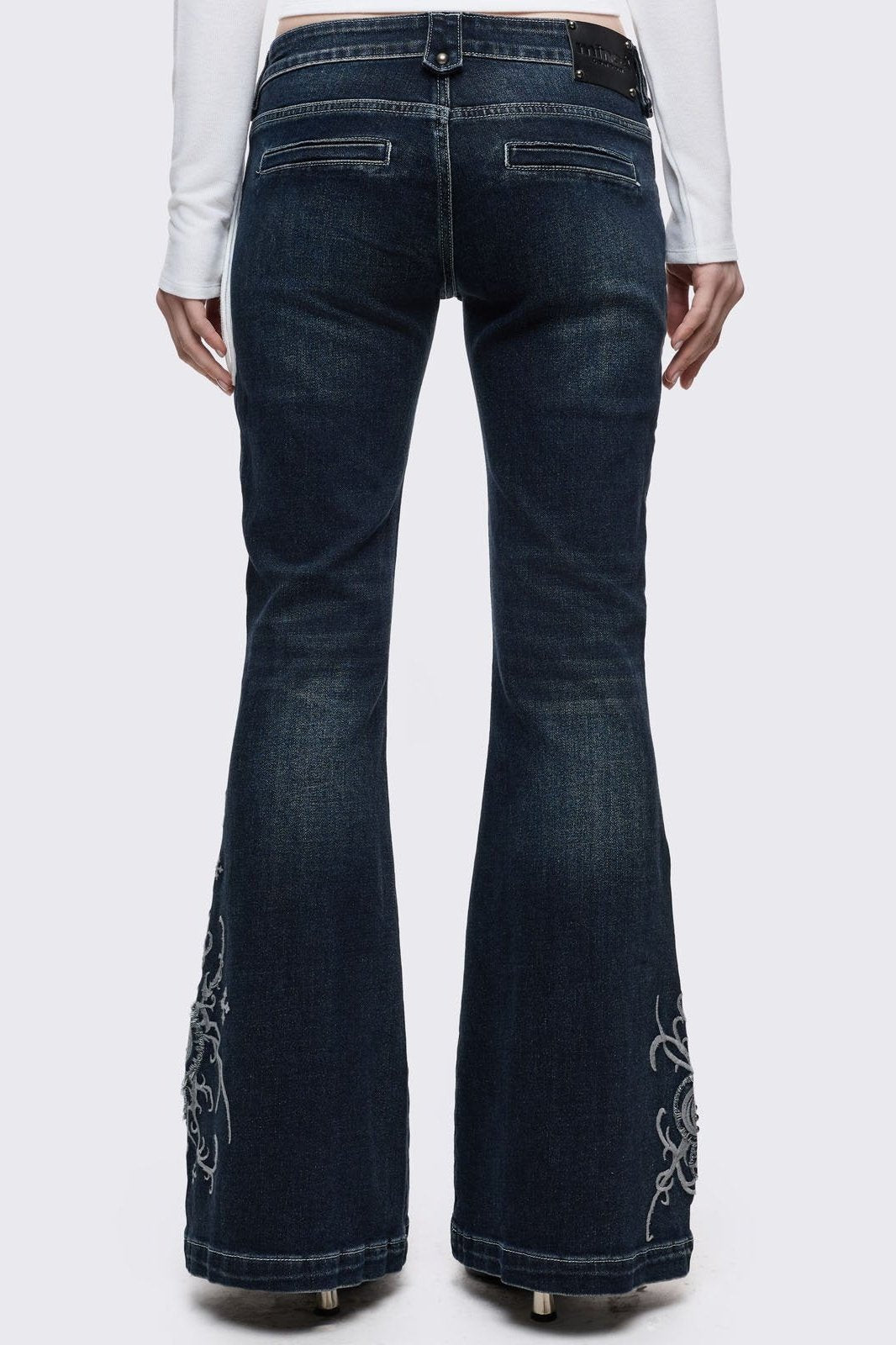 パンツ archive Lolita jeans black flare denim Dark Blue Wash Gothic Embroidered Flared Jeans | Minga London