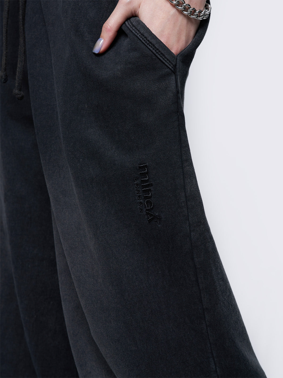 Baggy wide leg joggers in washed black with elasticated drawstring waist. 