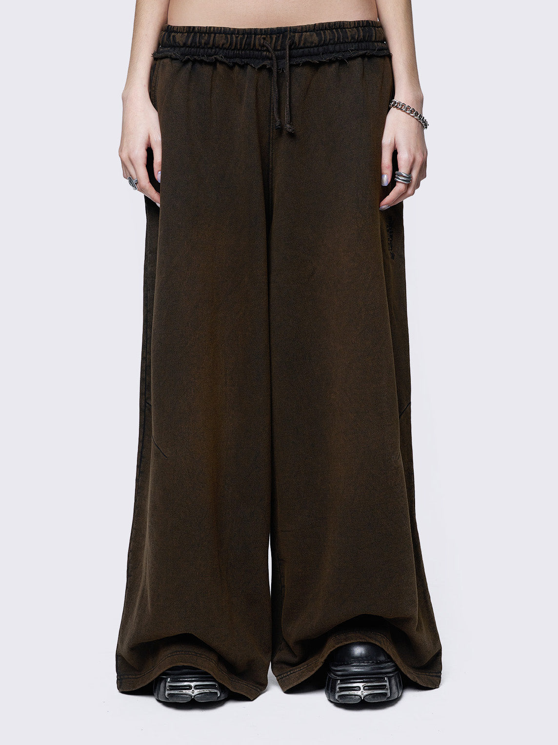 Baggy wide leg joggers in washed brown with elasticated drawstring waist.