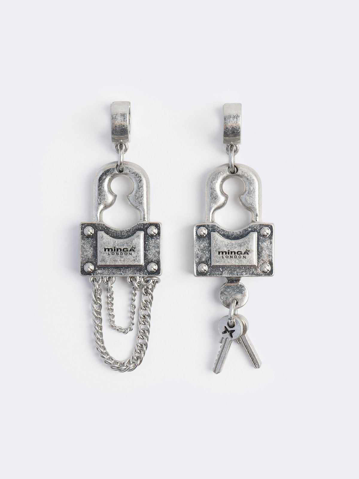 Chunky silver padlock pendant hoop earrings.