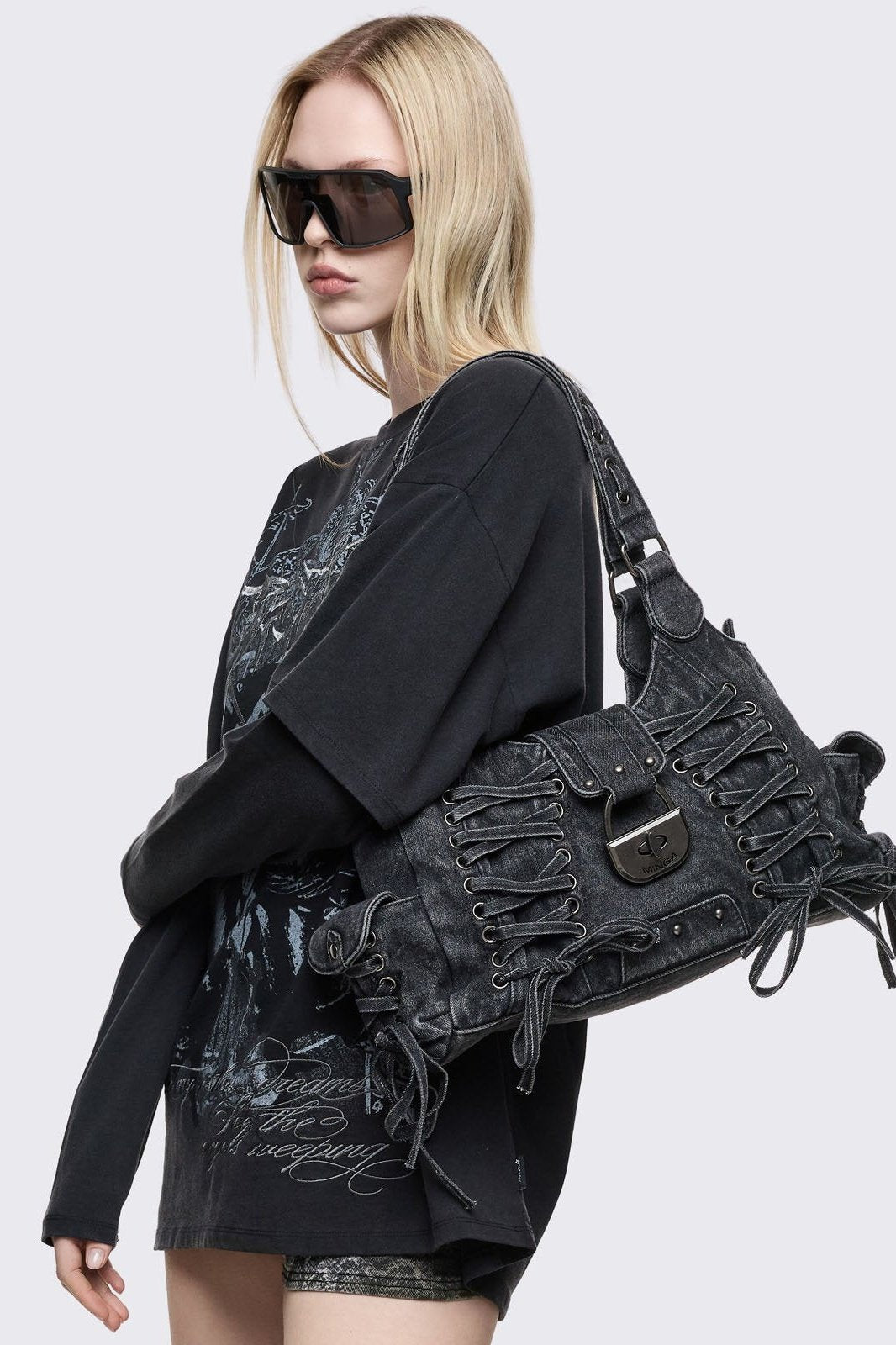 Black Denim Lace-Up Shoulder Bag | Minga London