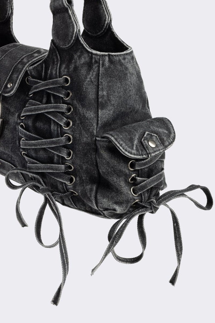Black Denim Lace-Up Shoulder Bag | Minga London