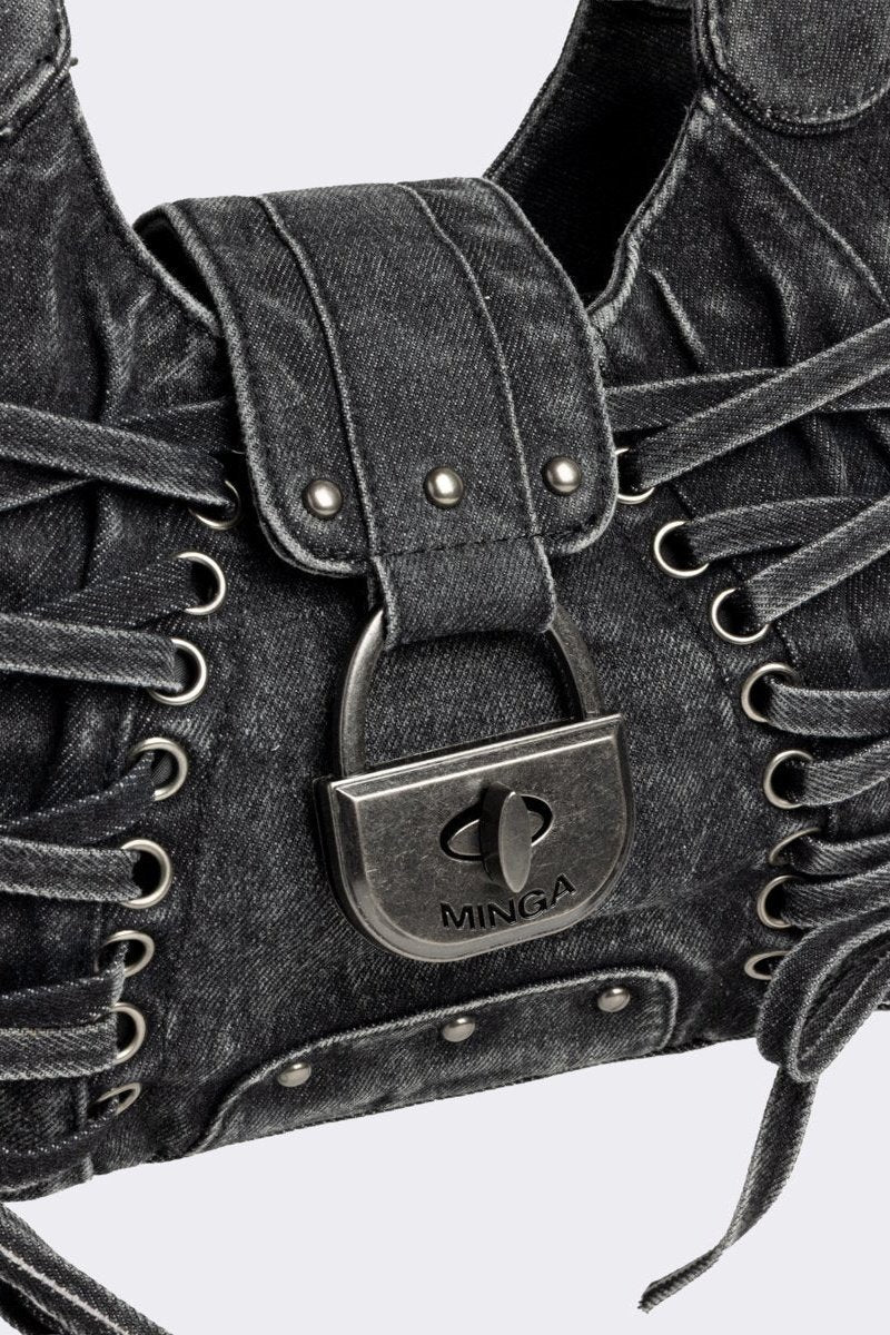 Black Denim Lace-Up Shoulder Bag | Minga London