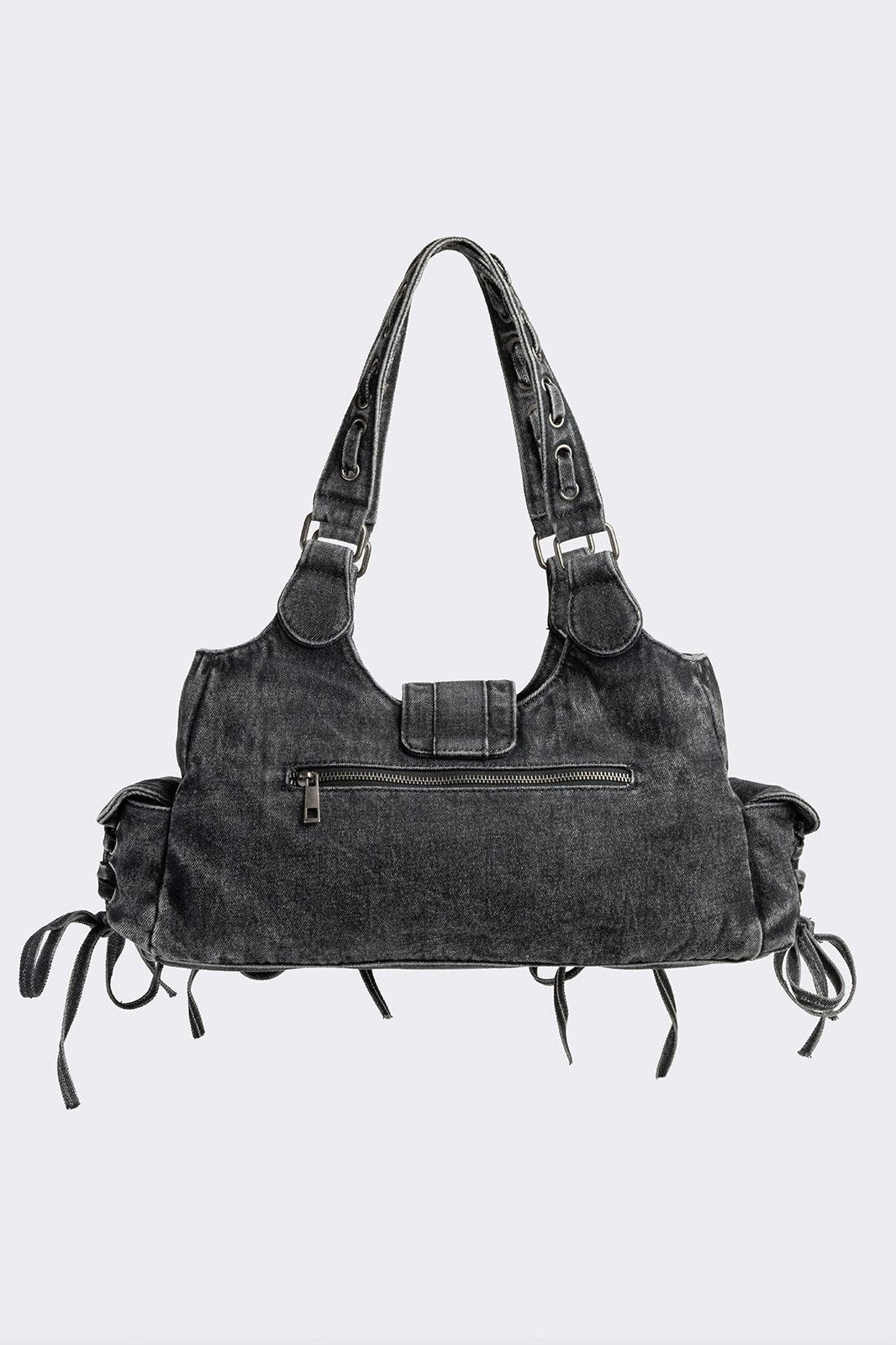 Black Denim Lace-Up Shoulder Bag | Minga London