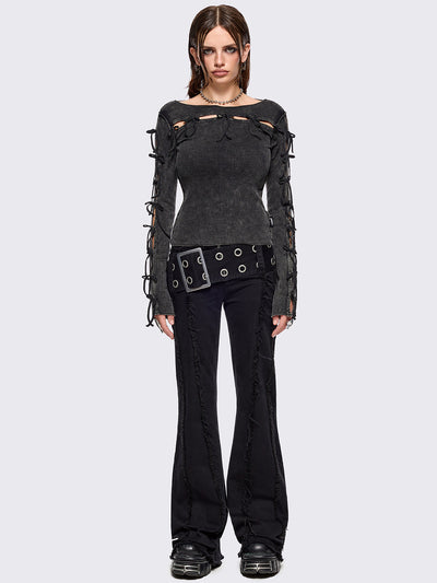 Black washed rib top with cut-out and bow details.